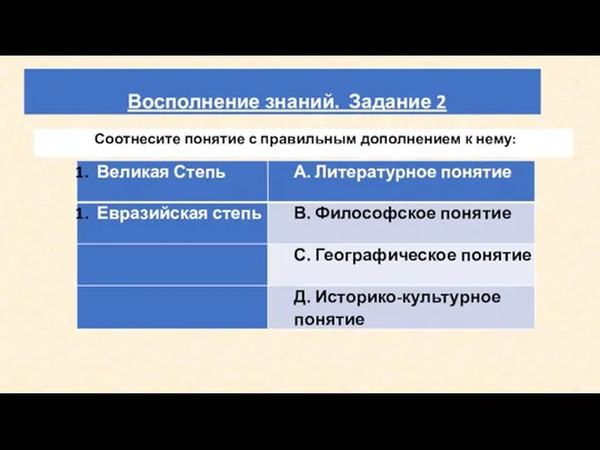 Восполнение знаний. Задание 2 Соотнесите понятие с правильным дополнением к нему: