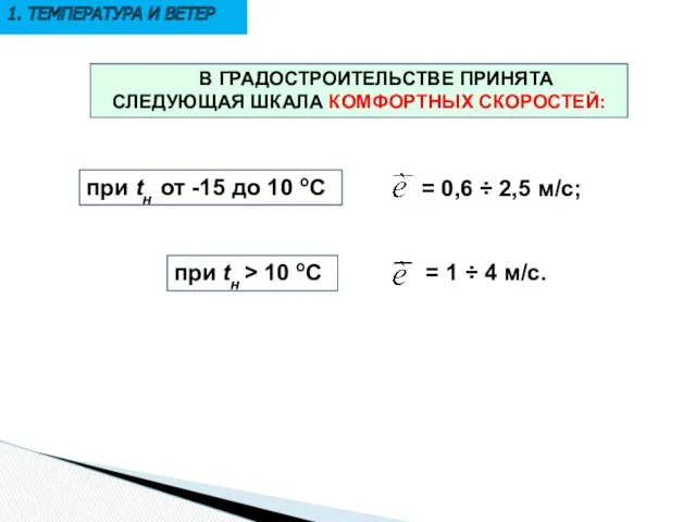 В ГРАДОСТРОИТЕЛЬСТВЕ ПРИНЯТА СЛЕДУЮЩАЯ ШКАЛА КОМФОРТНЫХ СКОРОСТЕЙ: при tн от