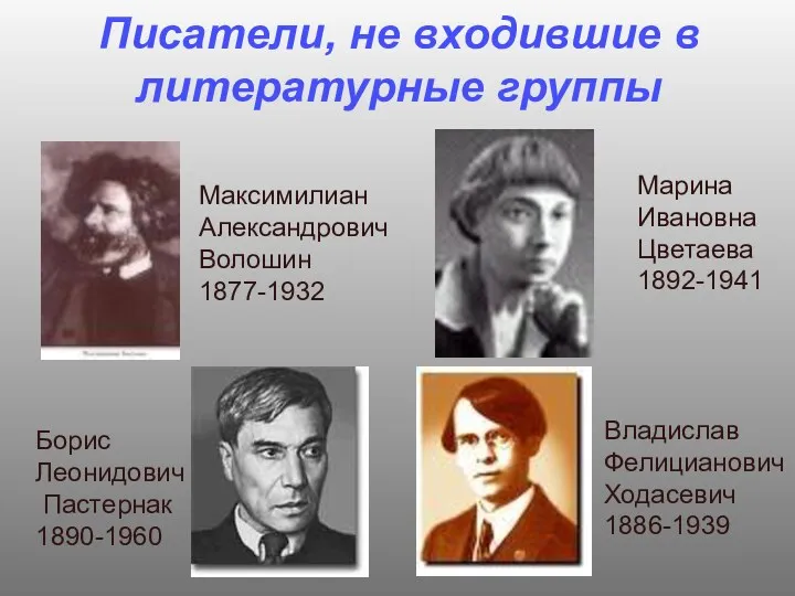 Писатели, не входившие в литературные группы Максимилиан Александрович Волошин 1877-1932 Борис Леонидович Пастернак