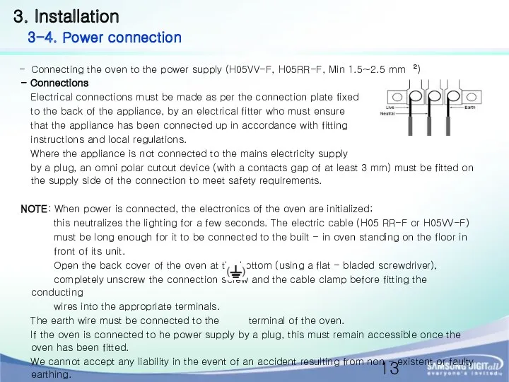 Connecting the oven to the power supply (H05VV-F, H05RR-F, Min