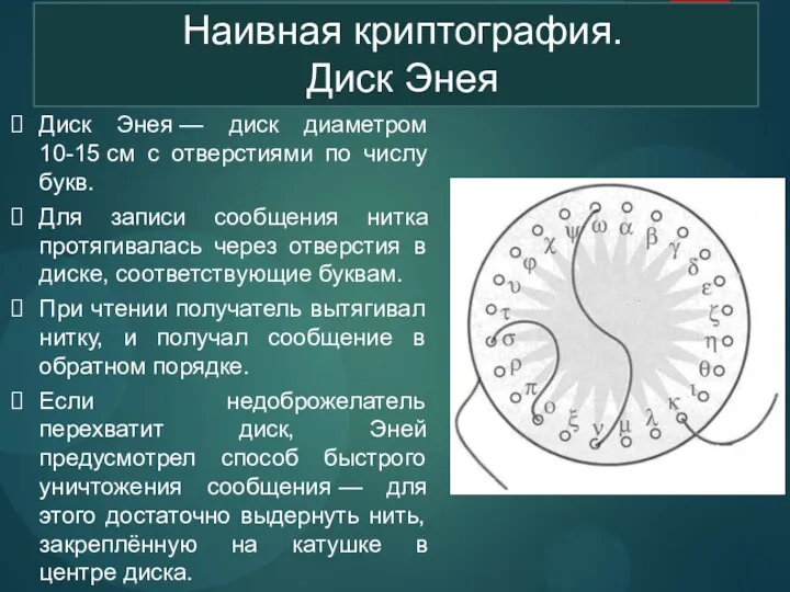 Наивная криптография. Диск Энея Диск Энея — диск диаметром 10-15