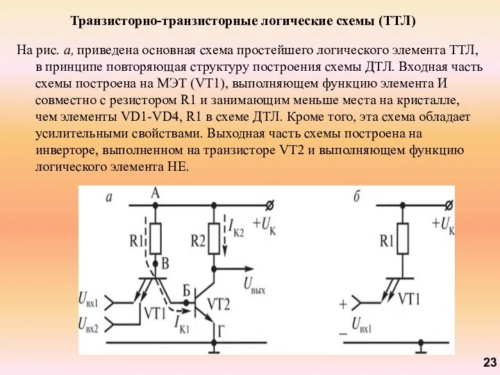 Транзисторно-транзисторные логические схемы (ТТЛ) На рис. а, приведена основная схема