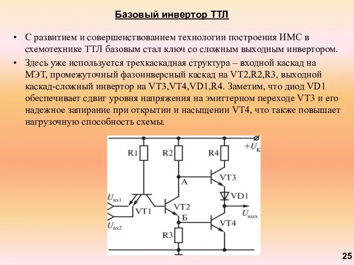 Базовый инвертор ТТЛ С развитием и совершенствованием технологии построения ИМС