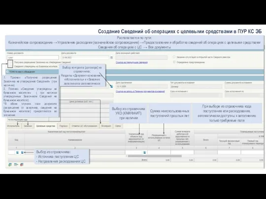 Создание Сведений об операциях с целевыми средствами в ПУР КС