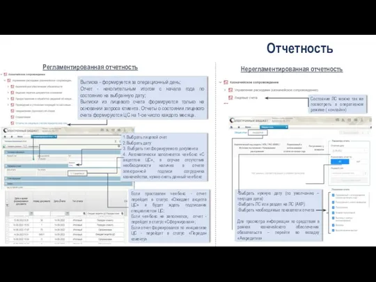 Отчетность Регламентированная отчетность Нерегламентированная отчетность Выписка - формируется за операционный