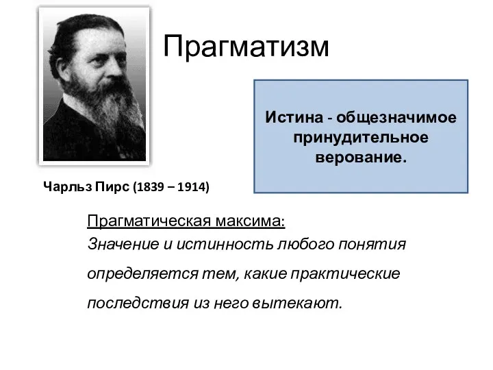 Прагматизм Чарльз Пирс (1839 – 1914) Прагматическая максима: Значение и