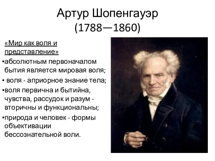 Артур Шопенгауэр (1788—1860) «Мир как воля и представление» абсолютным первоначалом