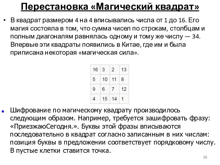 Перестановка «Магический квадрат» В квадрат размером 4 на 4 вписывались