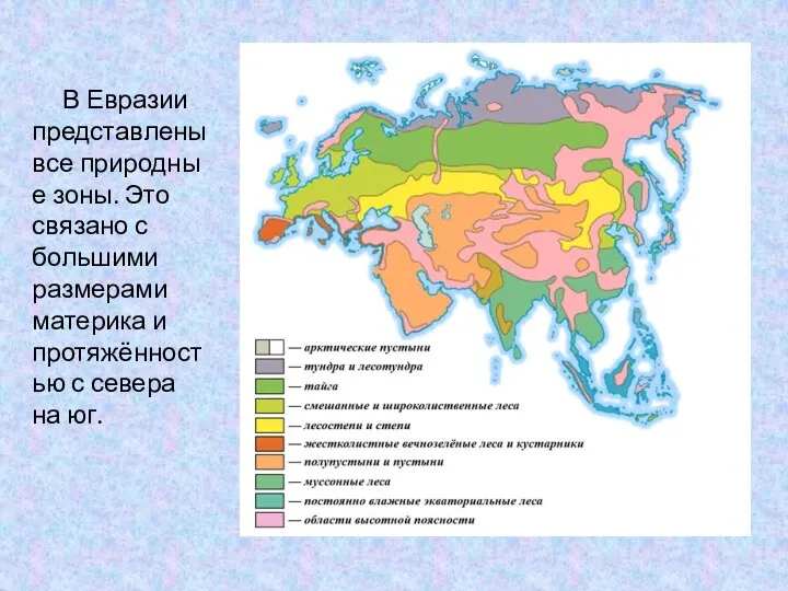 В Евразии представлены все природные зоны. Это связано с большими