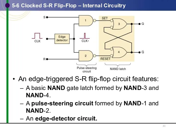 5-6 Clocked S-R Flip-Flop – Internal Circuitry An edge-triggered S-R flip-flop circuit features: