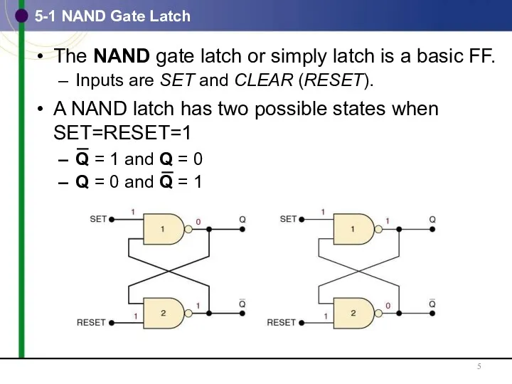 5-1 NAND Gate Latch The NAND gate latch or simply latch is a