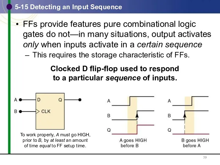 5-15 Detecting an Input Sequence FFs provide features pure combinational logic gates do