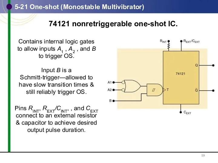 74121 nonretriggerable one-shot IC. 5-21 One-shot (Monostable Multivibrator) Contains internal logic gates to