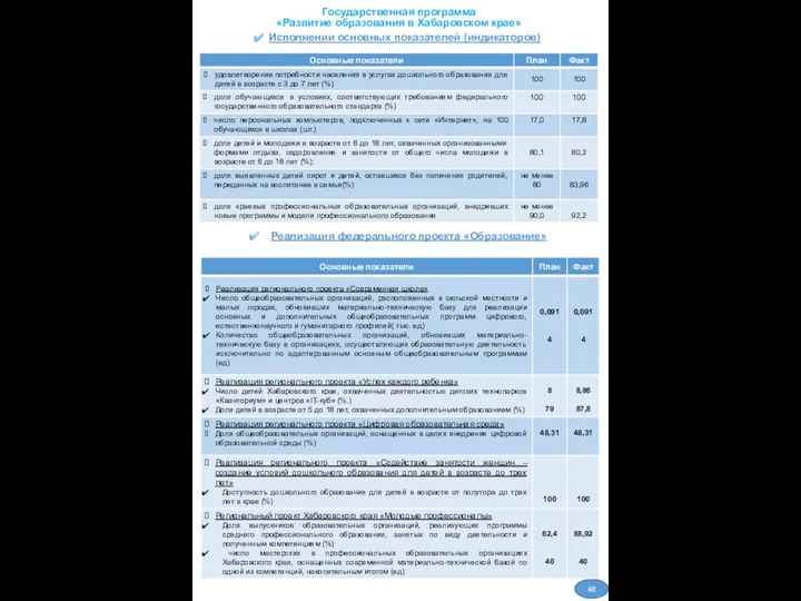 Государственная программа «Развитие образования в Хабаровском крае» Исполнении основных показателей (индикаторов) Реализация федерального проекта «Образование» 48