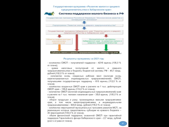 возвратная, возмездная Результаты программы за 2021 год: - количество СМСП