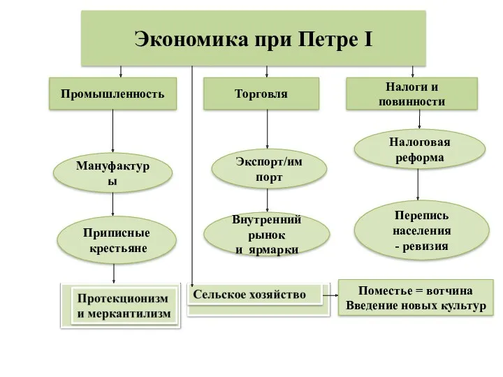 Экономика при Петре I Промышленность Налоги и повинности Торговля Приписные