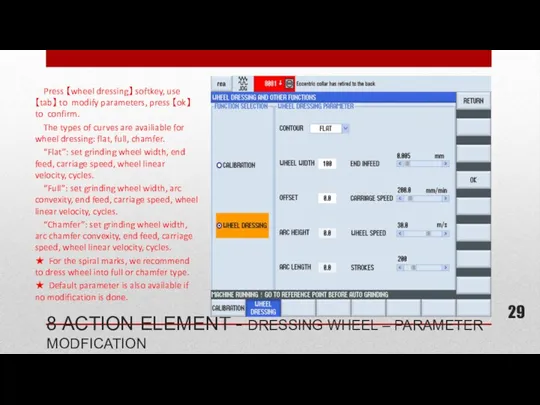 8 ACTION ELEMENT - DRESSING WHEEL – PARAMETER MODFICATION Press