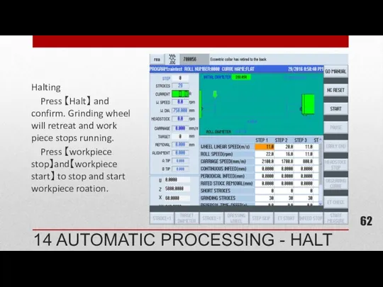 Halting Press 【Halt】 and confirm. Grinding wheel will retreat and