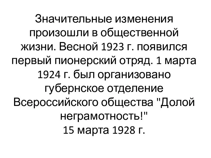 Значительные изменения произошли в общественной жизни. Весной 1923 г. появился