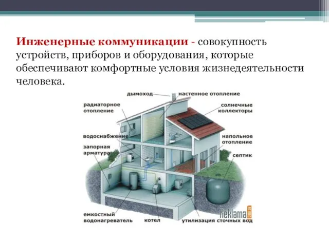 Инженерные коммуникации - совокупность устройств, приборов и оборудования, которые обеспечивают комфортные условия жизнедеятельности человека.