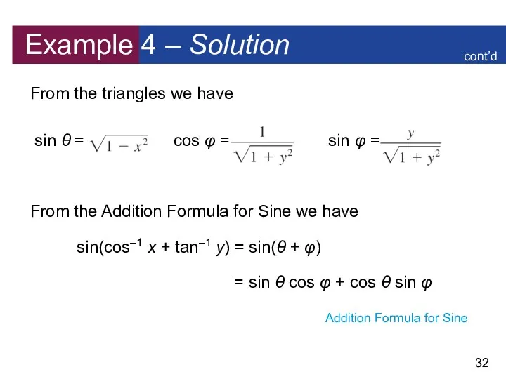 Example 4 – Solution From the triangles we have sin θ = cos