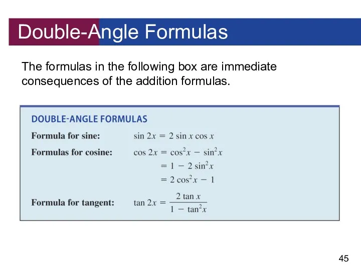 Double-Angle Formulas The formulas in the following box are immediate consequences of the addition formulas.