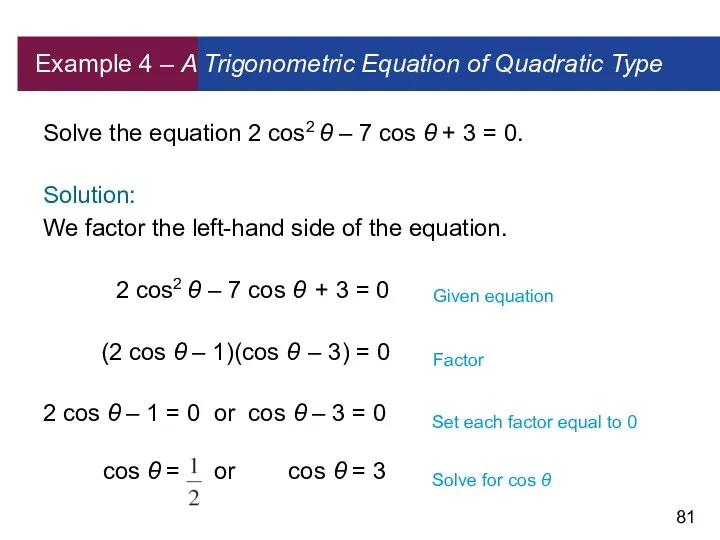 Example 4 – A Trigonometric Equation of Quadratic Type Solve the equation 2