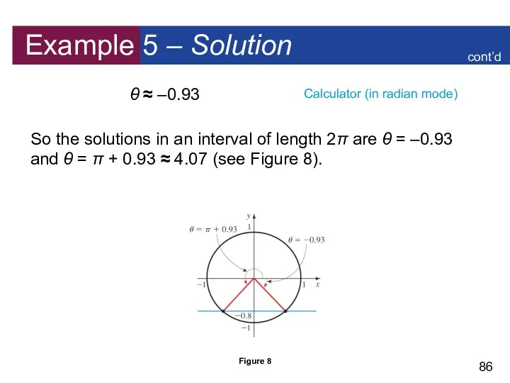 Example 5 – Solution θ ≈ –0.93 So the solutions in an interval