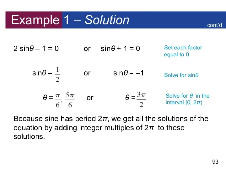 Example 1 – Solution 2 sinθ – 1 = 0 or sinθ +
