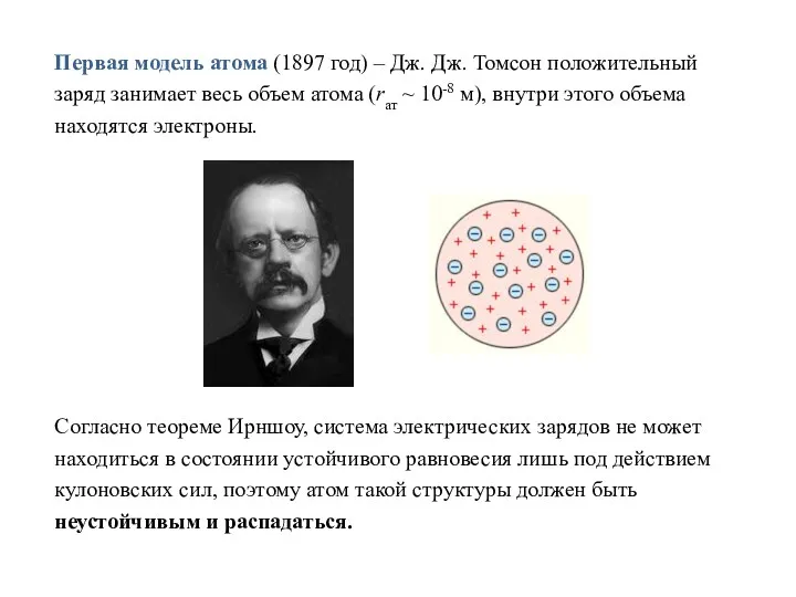 Первая модель атома (1897 год) – Дж. Дж. Томсон положительный