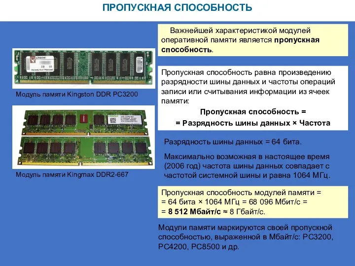 ПРОПУСКНАЯ СПОСОБНОСТЬ Модуль памяти Kingmax DDR2-667 Модуль памяти Kingston DDR PC3200 Важнейшей характеристикой