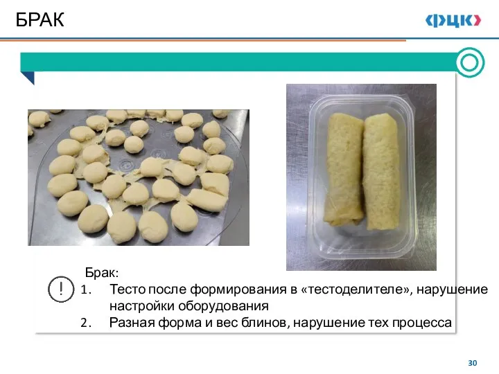 БРАК Брак: Тесто после формирования в «тестоделителе», нарушение настройки оборудования