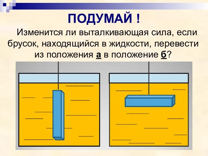 ПОДУМАЙ ! Изменится ли выталкивающая сила, если брусок, находящийся в