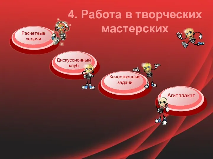 Дискуссионный клуб Качественные задачи 4. Работа в творческих мастерских Расчетные задачи Агитплакат