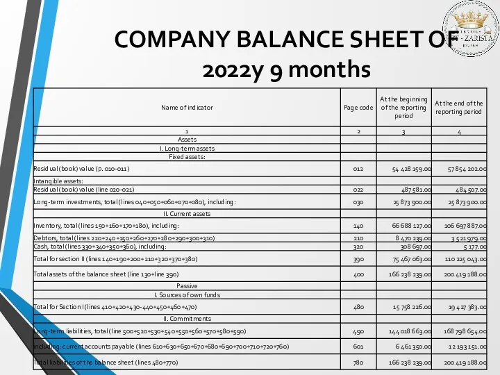 COMPANY BALANCE SHEET OF 2022y 9 months