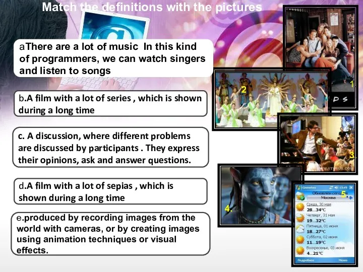 Match the definitions with the pictures e.produced by recording images