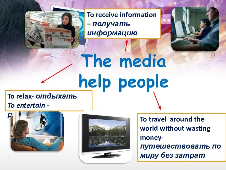 The media help people To relax- отдыхать To entertain -развлекать