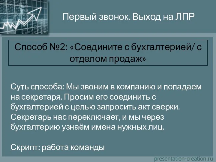 Первый звонок. Выход на ЛПР Способ №2: «Соедините с бухгалтерией/