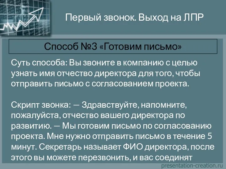 Первый звонок. Выход на ЛПР Способ №3 «Готовим письмо» Суть