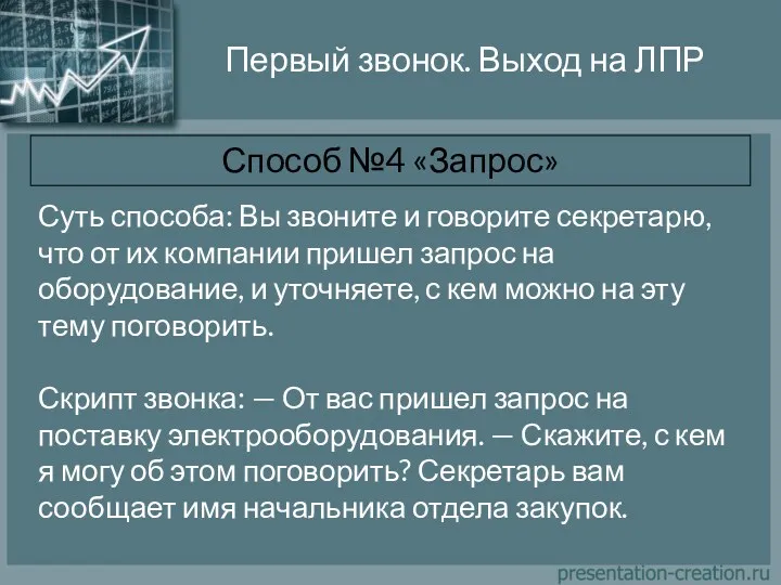 Первый звонок. Выход на ЛПР Способ №4 «Запрос» Суть способа: