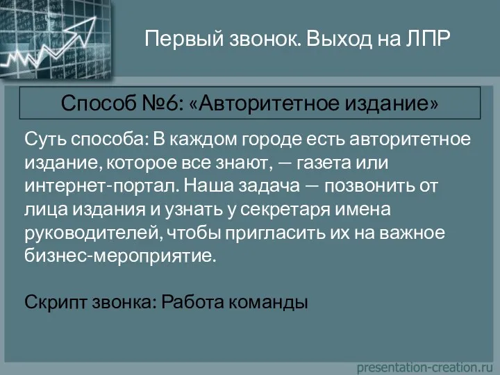 Первый звонок. Выход на ЛПР Способ №6: «Авторитетное издание» Суть