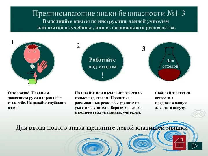 Предписывающие знаки безопасности №1-3 Выполняйте опыты по инструкции, данной учителем