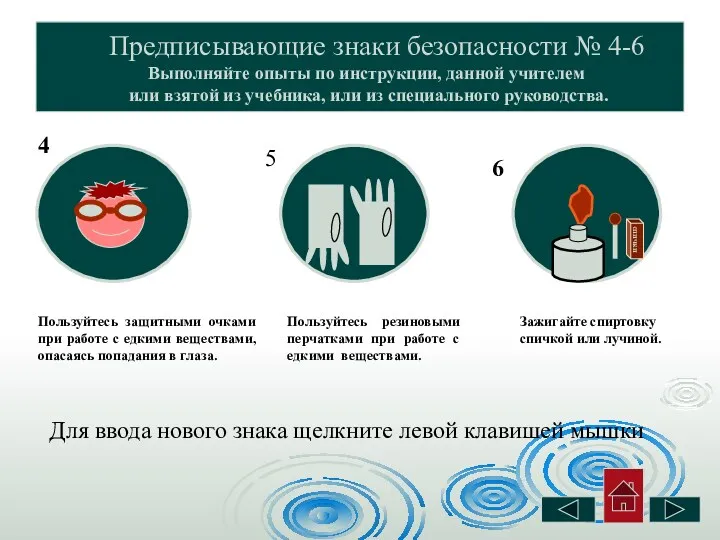 Предписывающие знаки безопасности № 4-6 Выполняйте опыты по инструкции, данной