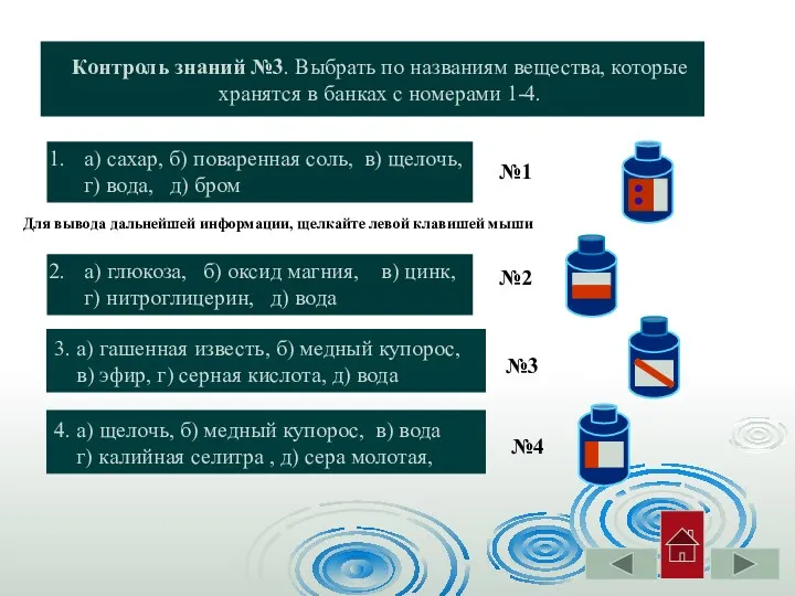 Контроль знаний №3. Выбрать по названиям вещества, которые хранятся в