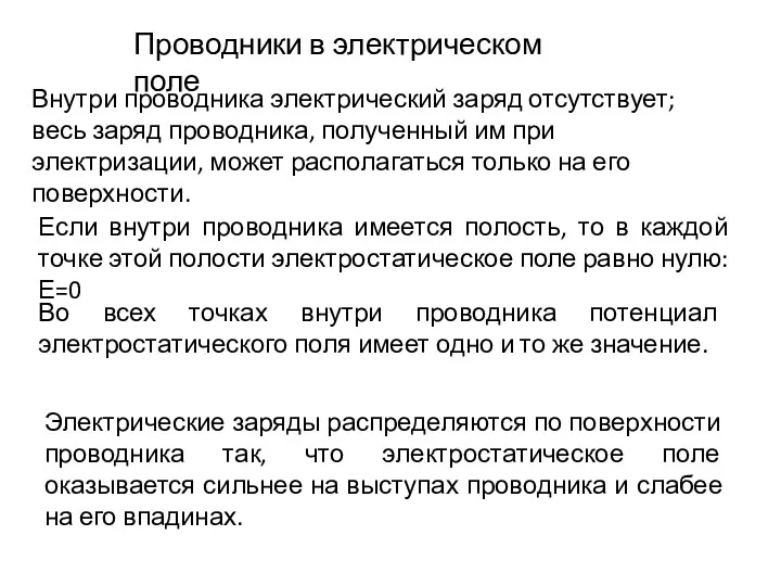 Внутри проводника электрический заряд отсутствует; весь заряд проводника, полученный им