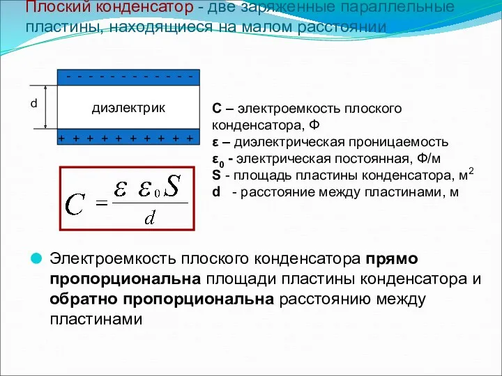 Плоский конденсатор - две заряженные параллельные пластины, находящиеся на малом