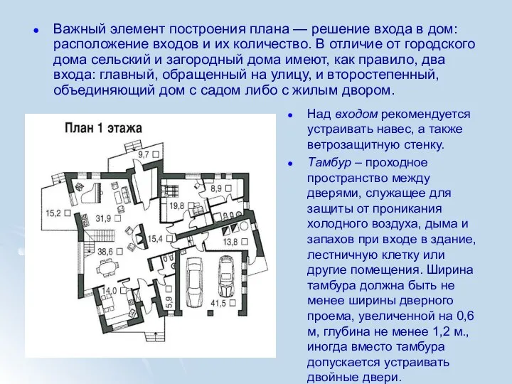 Важный элемент построения плана — решение входа в дом: расположение входов и их