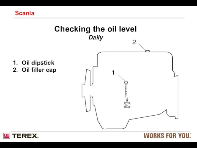 Checking the oil level Daily Oil dipstick Oil filler cap Scania