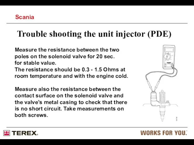 Trouble shooting the unit injector (PDE) Measure the resistance between