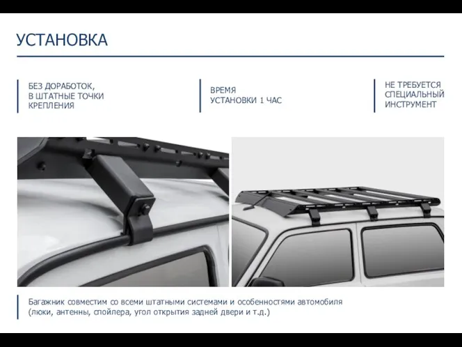 Багажник совместим со всеми штатными системами и особенностями автомобиля (люки,